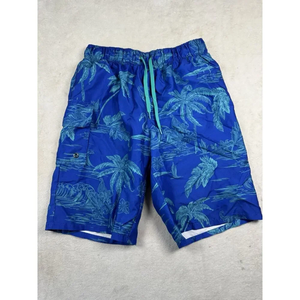Outdoor Oasis Boys Husky 10/12 Blue Tropical Palm Swim Trunks Cargo